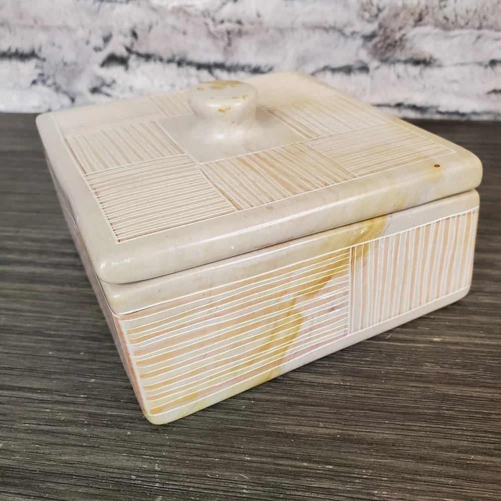 Square Carved Soapstone Trinket Box W/ Lid Geometric Neutrals HEAVY Kenya